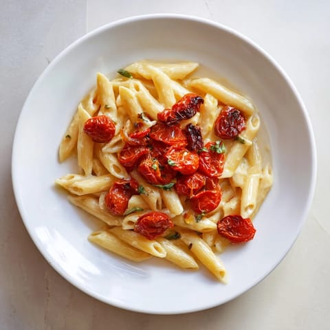 Warm, vibrant image of Boursin cheese pasta with bubbly, caramelized roasted cherry tomatoes.
