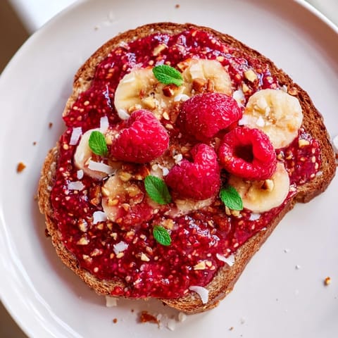 Fresh raspberries on top of homemade raspberry chia jam toast, offering a sweet and vibrant visual appeal.