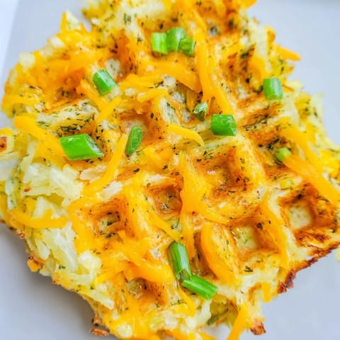 A close-up of crispy, flavorful Cheesy Hash Brown Waffles, studded with melted cheddar cheese.