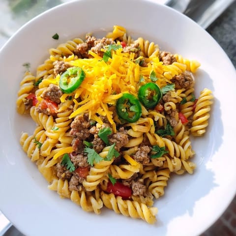 A close-up of a bubbling Beef Taco Pasta Skillet showcasing the creamy cheese and savory beef.