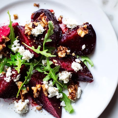 Freshly made roasted beet walnut salad: sweet beets with candied walnuts and tangy vinaigrette.