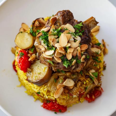 A beautiful serving of Maqluba: a Middle Eastern rice dish with flipped layers, perfect for a feast.