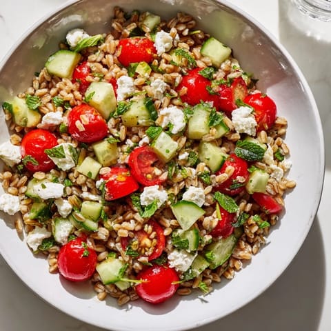 Farro Salad Mediterranean served as a refreshing lunch, featuring nutty grains, crisp vegetables, and a vibrant herb garnish.