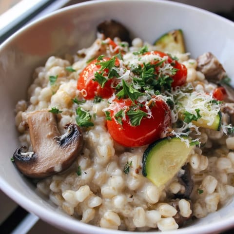 A warm bowl of Pearled Barley Creamy Bowl topped with golden oven-roasted vegetables and fresh parsley.