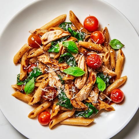 A close-up view of balsamic glazed chicken pasta served with cherry tomatoes and fresh basil, ready for an easy weeknight dinner.