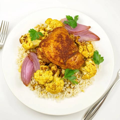 Juicy chicken thighs and tender cauliflower florets roasted with smoked paprika on a single sheet pan, perfect for an easy dinner.