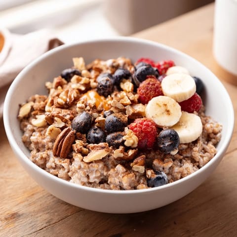 Gluten-free buckwheat groats breakfast with sliced apples, berries, and chopped walnuts, ready to eat with a splash of creamy milk.