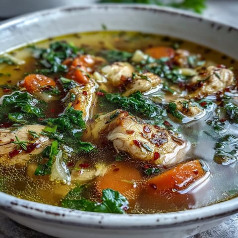 A ladle lifts savory broth with bright lemon zest in this easy high protein lemon and turmeric chicken soup.