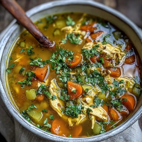 In a white bowl, Turmeric Chicken Soup with shredded chicken, carrots, and wilted spinach awaits.