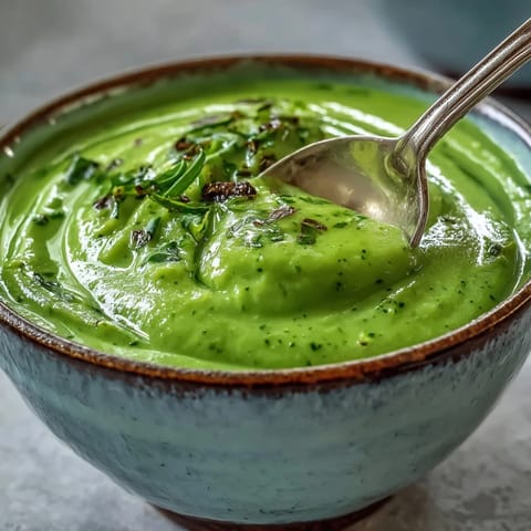 A steaming bowl of Courgette, Pea and Pesto Soup topped with pesto swirls and basil.