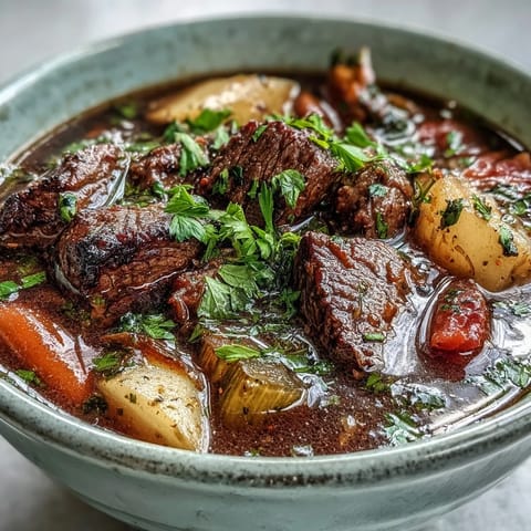 Tender beef and root vegetables simmer in rich broth inside a Dutch oven, creating a cozy homemade meal.
