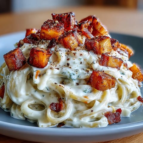 A warm bowl of Celeriac Carbonara ready to serve, garnished with fresh Parmesan and black pepper, alongside a glass of white wine.