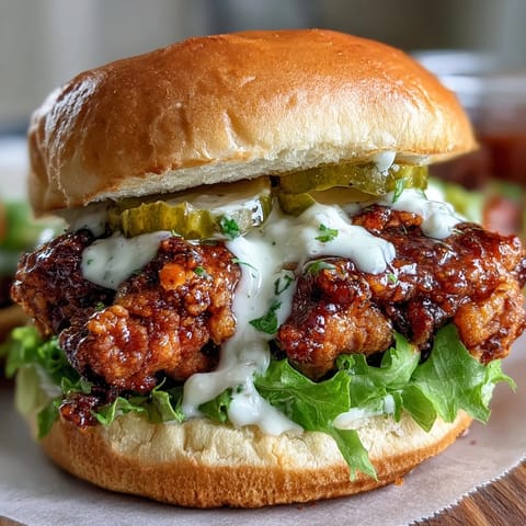 A close-up of golden, ultra-crispy fried chicken on a toasted brioche bun with creamy sauce drizzling down the sides.