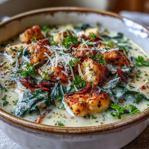 Steam rises from a velvety bowl of Garlic Parmesan Chicken Soup garnished with fresh parsley. 