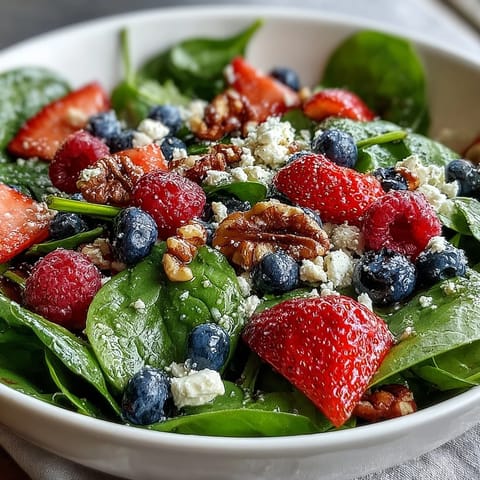 Fresh baby spinach and vibrant mixed berries tossed with crumbled goat cheese and crunchy walnuts in a shiny balsamic vinaigrette, served in a large white ceramic salad bowl.