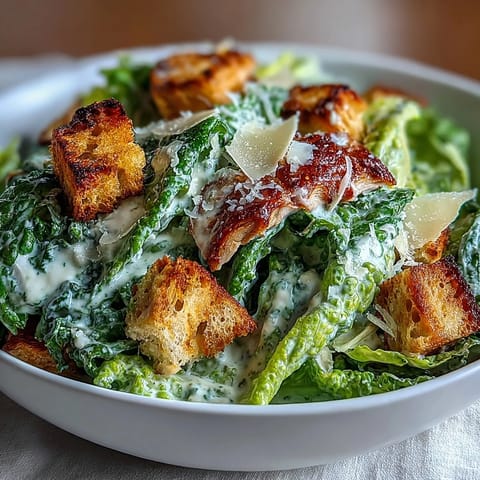 Homemade Romaine Caesar Bowl with grilled chicken, creamy dressing, and juicy cherry tomatoes on a platter.