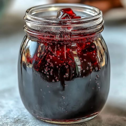 Deep purple Blackcurrant Vodka Liqueur is strained into a sleek glass bottle.