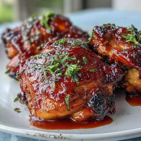 Tangy guava BBQ sauce glazed over juicy roasted chicken thighs, fresh from the oven.