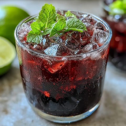 A vibrant Black Currant Mojito is poured over crushed ice, garnished with fresh mint and berries.
