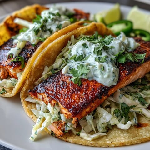 Crisp salmon tacos topped with a creamy lime and cilantro slaw, served on a rustic wooden board for dinner.