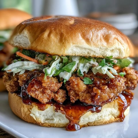 Golden-brown Thai Fried Chicken Sandwich stacked with pickled carrots and cabbage on a toasted brioche bun.