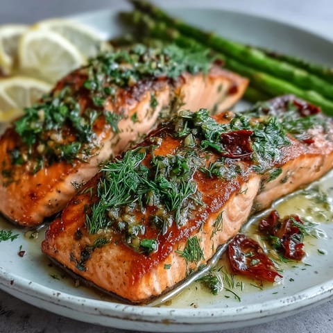 Fork-tender Marry Me Salmon topped with aromatic dill and lemon slices, ready to serve alongside roasted asparagus for a healthy dinner.