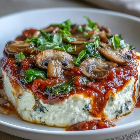 A baked Cottage Cheese Pizza Bowl with marinara, spinach, and mozzarella served in a white dish.