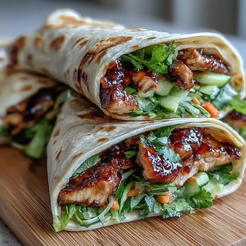 Plated Sweet Chili Chicken Wraps sliced diagonally to reveal tender chicken strips and vibrant veggies inside.
