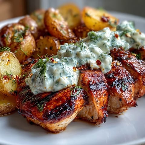 Golden crispy roasted baby potatoes sit beside charred chicken thighs topped with tangy dill feta cream and fresh herbs.