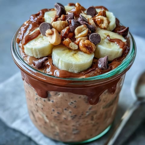 Chunky Monkey Overnight Chia Pudding layered with creamy peanut butter and sliced bananas in a glass.