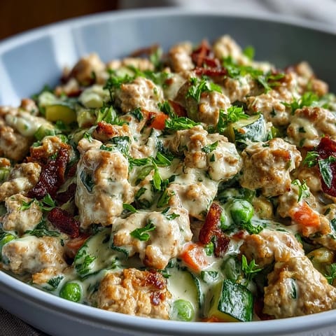 Creamy Ranch Turkey & Veggie Skillet simmered in a rich, tangy white sauce with colorful bell peppers and peas, served over fluffy white rice.
