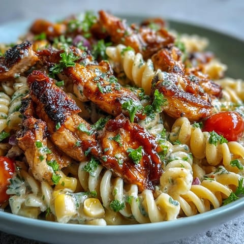 A bowl of Honey BBQ Chicken Pasta Salad with rotini, juicy chicken, cherry tomatoes, and corn.
