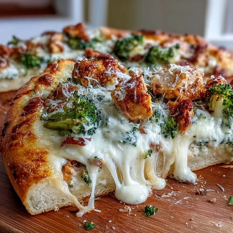 Slices of tender chicken and vibrant broccoli florets on a creamy Garlic Parmesan Chicken & Broccoli Pizza.
