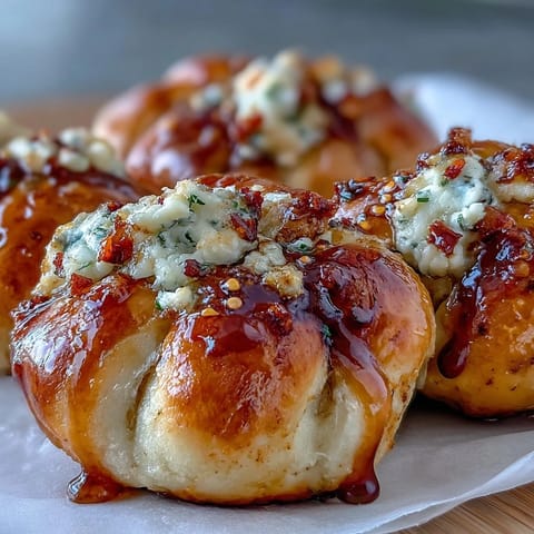 Golden-brown Hot Honey Ricotta Stuffed Garlic Knots fresh from the oven, drizzled with spicy honey.