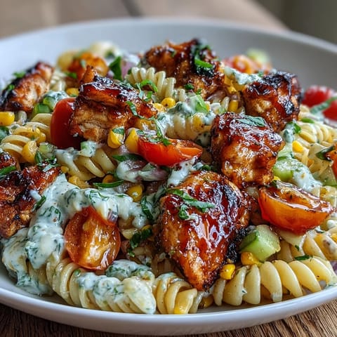 Pasta salad with glazed honey BBQ chicken, cherry tomatoes, corn, and celery tossed in smoky dressing.