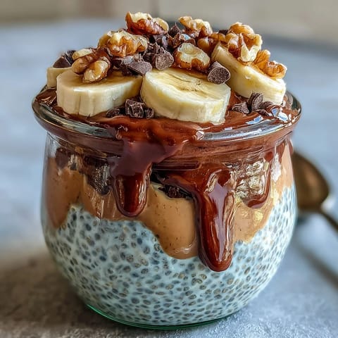 Chunky Monkey Overnight Chia Pudding layered with banana slices, rich cocoa, and creamy peanut butter in a glass jar.