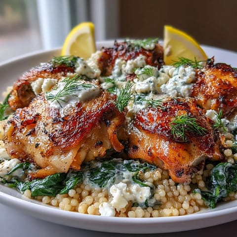 Golden-brown, creamy Greek Chicken & Pearl Couscous Bake fresh from the oven, garnished with dill and lemon wedges.