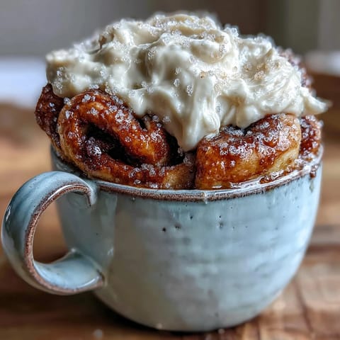 A close-up of the High-Protein Cinnamon Roll Mug Cake with a creamy white topping and visible cinnamon swirl, plated with a spoon.
