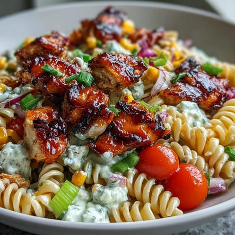 Creamy Honey BBQ Chicken Pasta Salad in a white bowl, garnished with fresh chives and pepper.