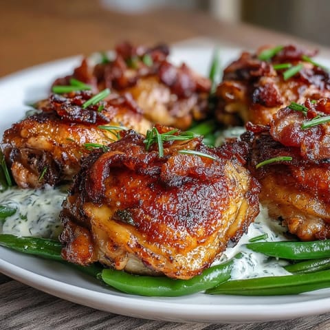 Golden-brown Keto Bacon Ranch Chicken Thighs baked with crispy bacon, paired with bright green beans and fresh parsley garnish.