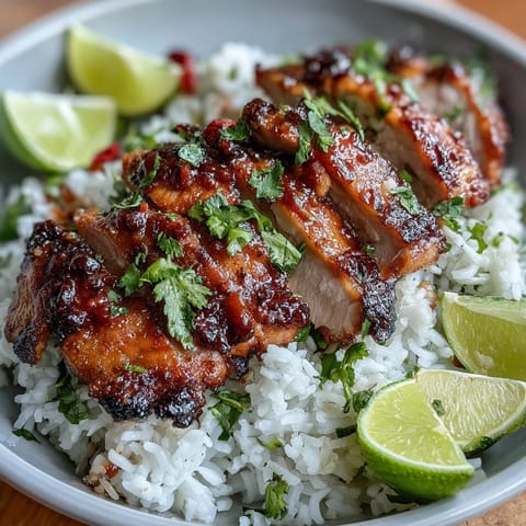 Spicy maple chicken glazed with sriracha and garlic, served over creamy coconut rice and garnished with fresh cilantro.