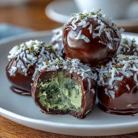 Rich, velvety vegan chocolate truffles made with creamy avocado and rolled in coconut flakes for a decadent, dairy-free dessert.