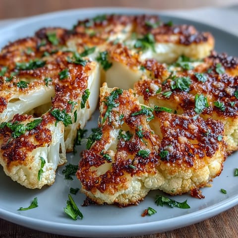 Roasted cauliflower steaks topped with melted Parmesan, garlic, and smoked paprika for a low-carb side dish.  