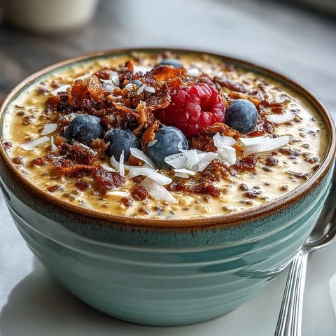 Creamy overnight oats infused with turmeric, ginger, and cinnamon, topped with toasted coconut and fresh berries.  