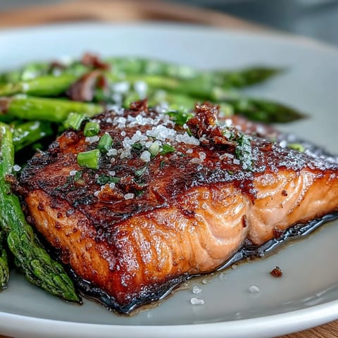 Golden-crisp salmon fillet rests atop sautéed lemon garlic asparagus, fresh parsley and lemon wedges adding color to this keto-friendly dinner plate.