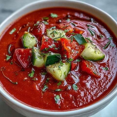 A vibrant bowl of Slim Summer Gazpacho, brimming with fresh cucumber, tomato, and bell pepper, chilled and garnished with herbs.  