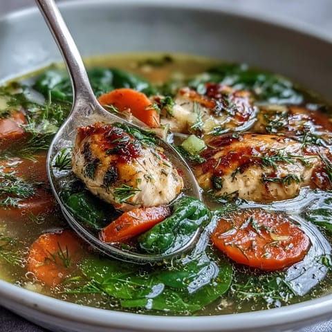 A steaming bowl of One-Pot Chicken and Veggie Detox Soup with lemon and herbs, packed with tender chicken, fresh vegetables, and vibrant greens in a light, nourishing broth.
