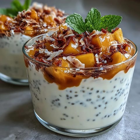 A tropical vegan chia pudding layered with creamy coconut milk, sweet mango purée, and topped with toasted coconut flakes.