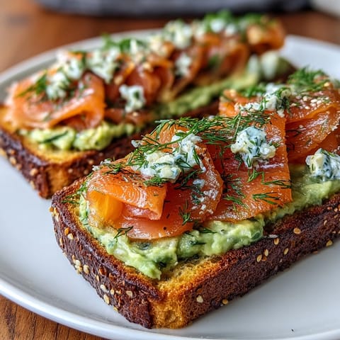 Keto avocado bread toasts with smoked salmon and everything seasoning on a rustic wooden board.