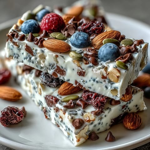 Frozen yogurt bark layered with mixed berries, chia seeds, and pumpkin seeds, perfect for a quick, protein-rich breakfast or snack.  